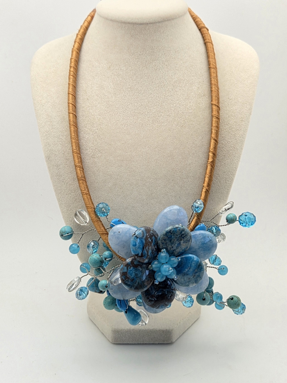 Chunky Blue Stone & Glass Statement Necklace Boho Wire Wrapped 18"